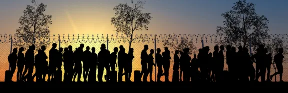 Refugees and immigrants looking for a new life. Column of migrants near the state borders. Fence and barbed wire. Surveillance, supervised. Abandon their lands for a better future. 3d render. Silhouette